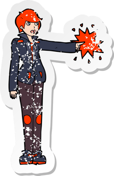 retro distressed sticker of a cartoon biker woman pointing png