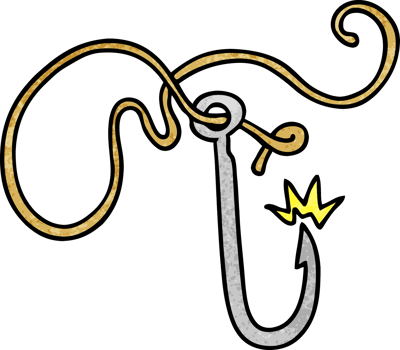 textured cartoon doodle of a sharp fishing hook png