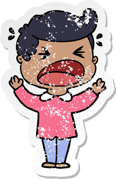 distressed sticker of a cartoon shouting man png