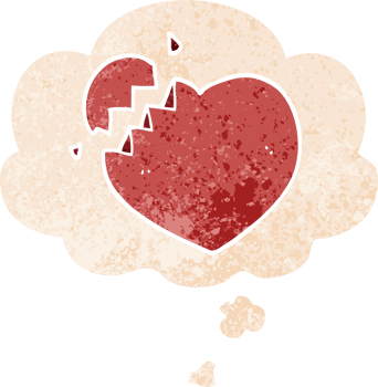 cartoon broken heart and thought bubble in retro textured style png