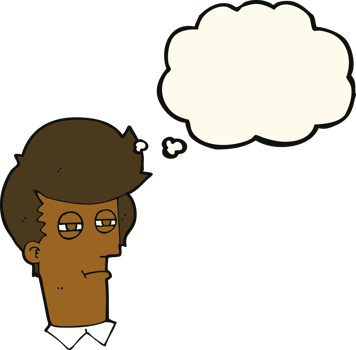 cartoon man with narrowed eyes with thought bubble png