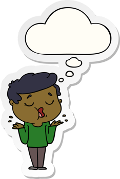 cartoon man talking and shrugging shoulders and thought bubble as a printed sticker png