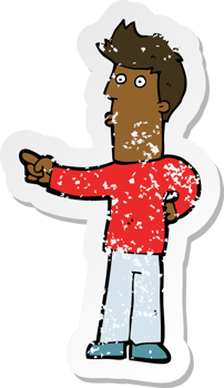 retro distressed sticker of a cartoon man pointing png