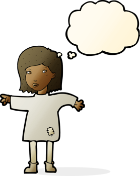 cartoon woman in patched clothing with thought bubble png