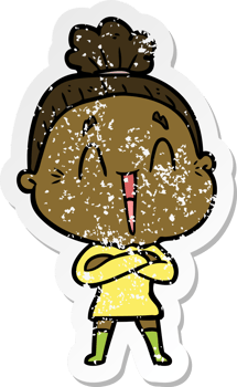 distressed sticker of a cartoon happy old lady png