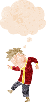 cartoon dancing man and thought bubble in retro textured style png