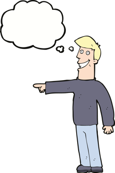 cartoon pointing man with thought bubble png