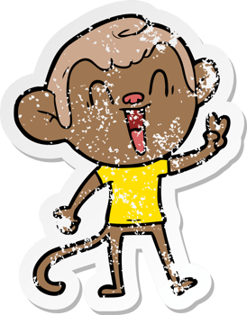 distressed sticker of a cartoon laughing monkey png