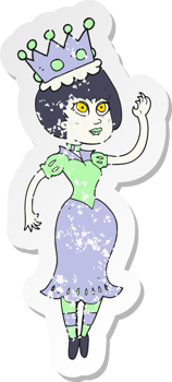 retro distressed sticker of a cartoon vampire queen waving png