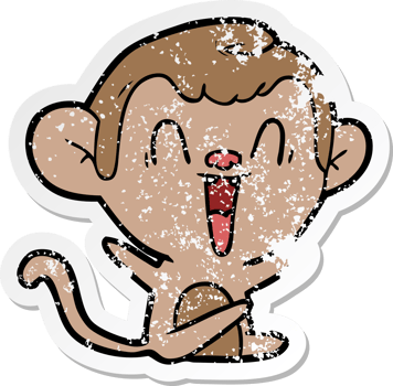 distressed sticker of a cartoon laughing monkey png