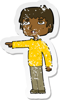 retro distressed sticker of a cartoon boy pointing png