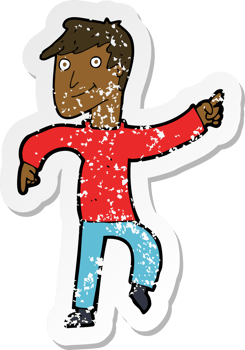 retro distressed sticker of a cartoon happy man pointing png