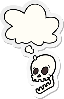 laughing skull cartoon and thought bubble as a printed sticker png