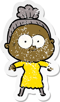 distressed sticker of a cartoon happy old woman png