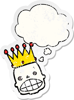 cartoon spooky skull face with crown and thought bubble as a distressed worn sticker png