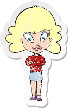 retro distressed sticker of a cartoon happy woman with folded arms png