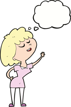 cartoon happy woman about to speak with thought bubble png