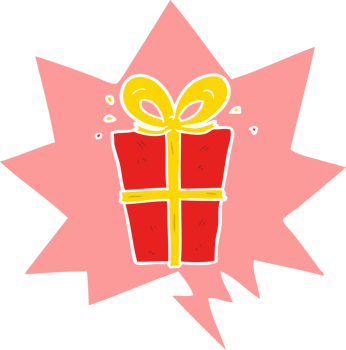 cartoon wrapped gift and speech bubble in retro style png