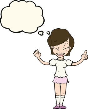 cartoon pretty girl with idea with thought bubble png