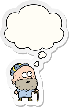 cartoon old man with walking stick and thought bubble as a printed sticker png