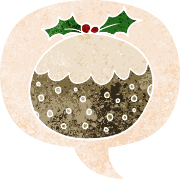cartoon christmas pudding and speech bubble in retro textured style png