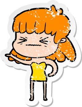 distressed sticker of a cartoon angry girl png