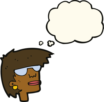 cartoon female face with glasses with thought bubble png