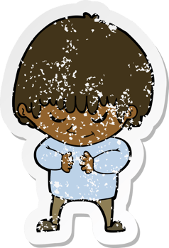 retro distressed sticker of a cartoon shy boy png