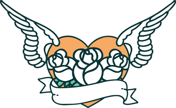 tattoo style icon of a flying heart with flowers and banner png