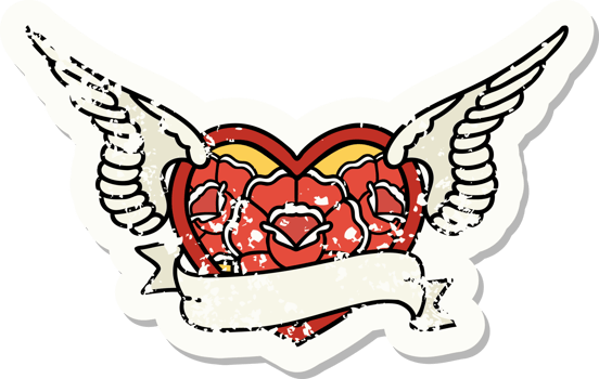 traditional distressed sticker tattoo of a flying heart with flowers and banner png