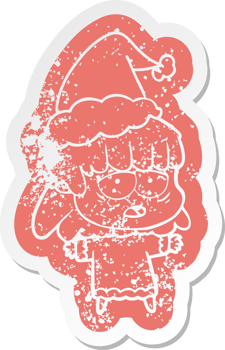 cartoon distressed sticker of a tired woman wearing santa hat png