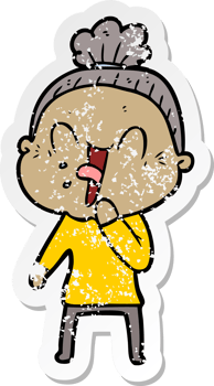 distressed sticker of a cartoon happy old woman png