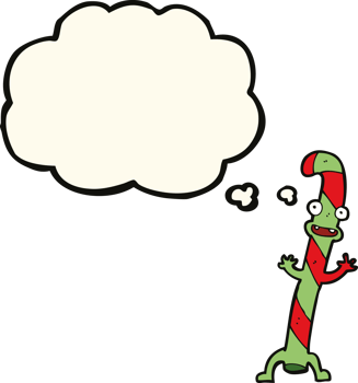 cartoon dancing christmas candy cane with thought bubble png