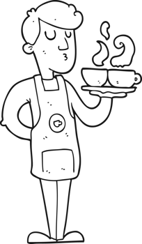 black and white cartoon barista serving coffee png