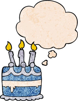 cartoon birthday cake and thought bubble in grunge texture pattern style png