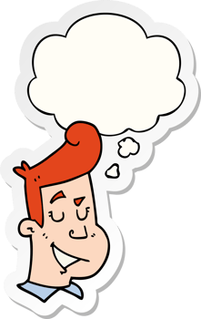 cartoon happy man and thought bubble as a printed sticker png