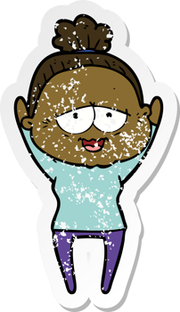 distressed sticker of a cartoon happy old lady png