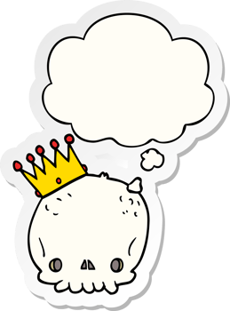 cartoon skull with crown and thought bubble as a printed sticker png