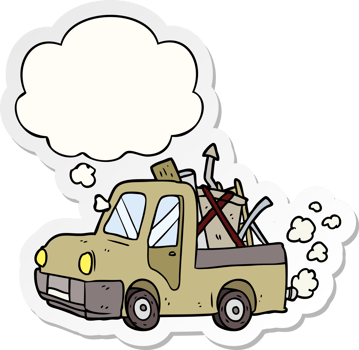 cartoon old truck and thought bubble as a printed sticker png