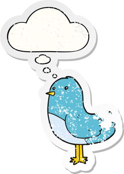 cartoon bird and thought bubble as a distressed worn sticker png