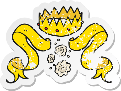 retro distressed sticker of a cartoon crown and scroll png