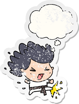 cartoon kicking karate champ and thought bubble as a distressed worn sticker png