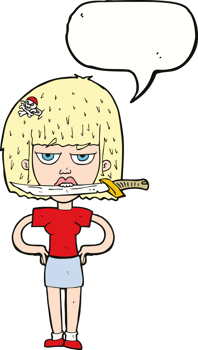 cartoon woman with knife between teeth with speech bubble png