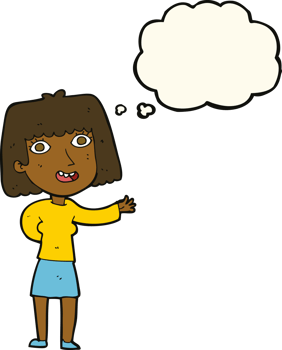 cartoon friendly woman waving with thought bubble png