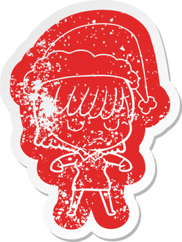 cartoon distressed sticker of a woman wearing santa hat png