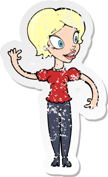 retro distressed sticker of a cartoon woman waving png