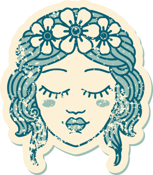 distressed sticker tattoo style icon of female face with eyes closed png