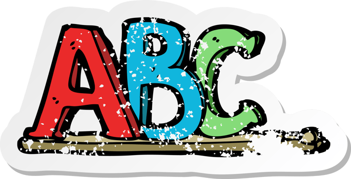 retro distressed sticker of a cartoon ABC letters png