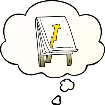 cartoon business chart with arrow and thought bubble in smooth gradient style png
