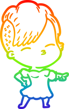rainbow gradient line drawing cartoon squinting girl pointing png